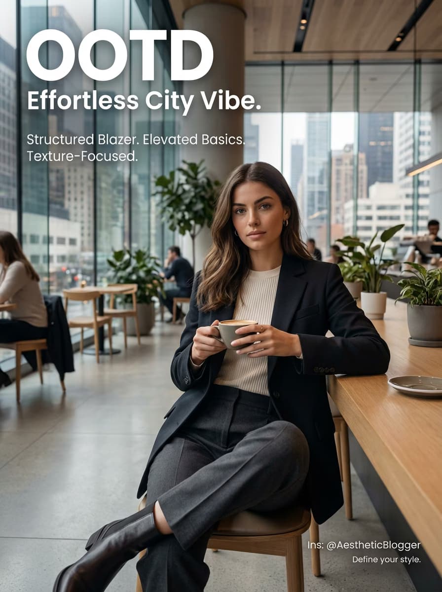 Minimalist fashion blogger OOTD photo with aesthetic typography and text overlay