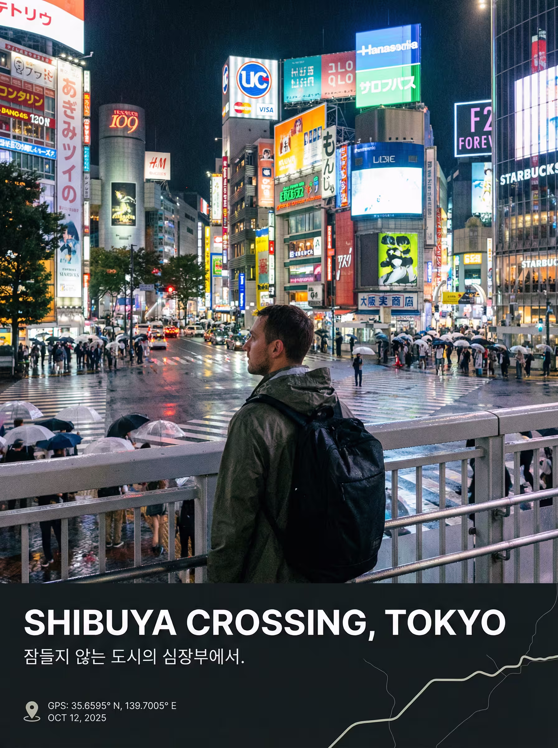 Aesthetic Tokyo travel photo with GPS coordinates and location text overlay